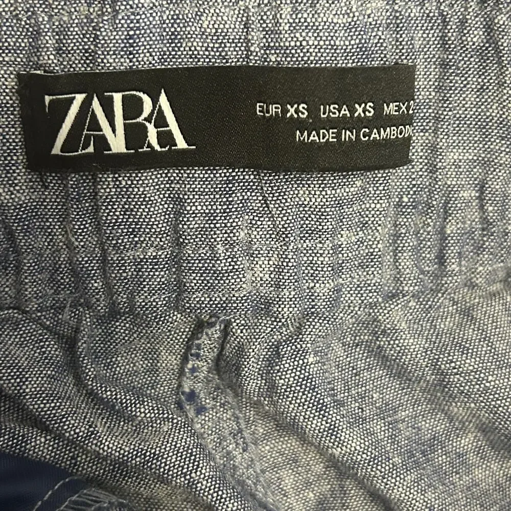 Zara Womens XS‎  Linen crop elastic waist pants Blue Chambray Pull On
